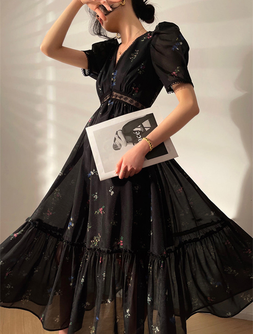 Party Dresses Runway Autumn Fashion Black Color Floral Print Long Dress Vintage Women V Neck Puff Sleeve Chiffon Slim High Waist Chic Vestidos 230322