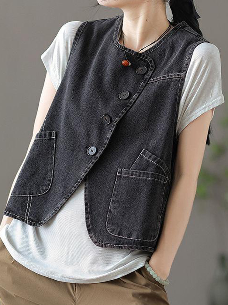 Women's Vests Women Fashion Vest All-match Solid Color O-neck Single Breasted Denim Vest Autumn Loose Comfortable Female Waistcoats 230322