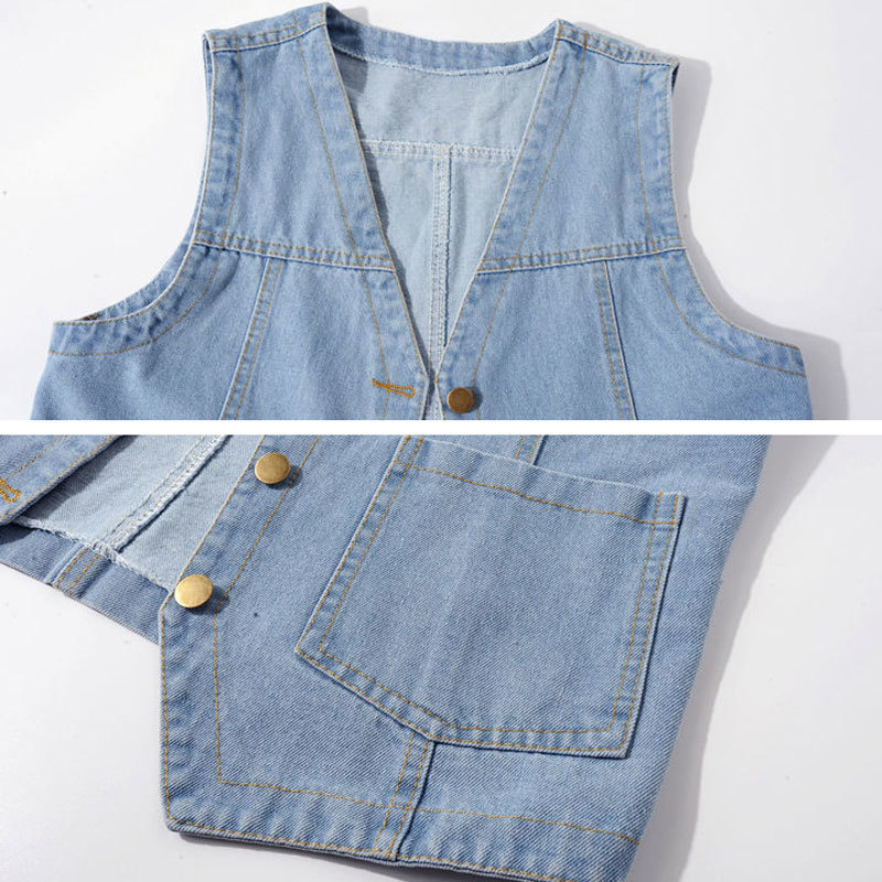 Women's Vests Fashion V-Neck Denim Vests Women Spring Summer Short Sleeveless Jacket Casual Chaleco Single-Breasted Oversize Jean Waistcoat 23032