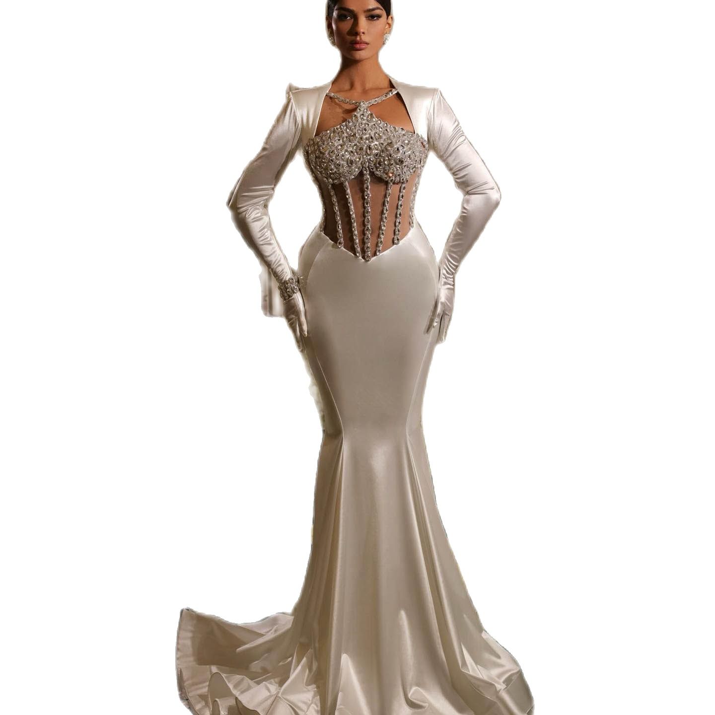 Elegant Satin Mermaid Wedding Dress Luxury Crystal Beading V Neck Long Sleeve Bridal Gowns Bride Dresses