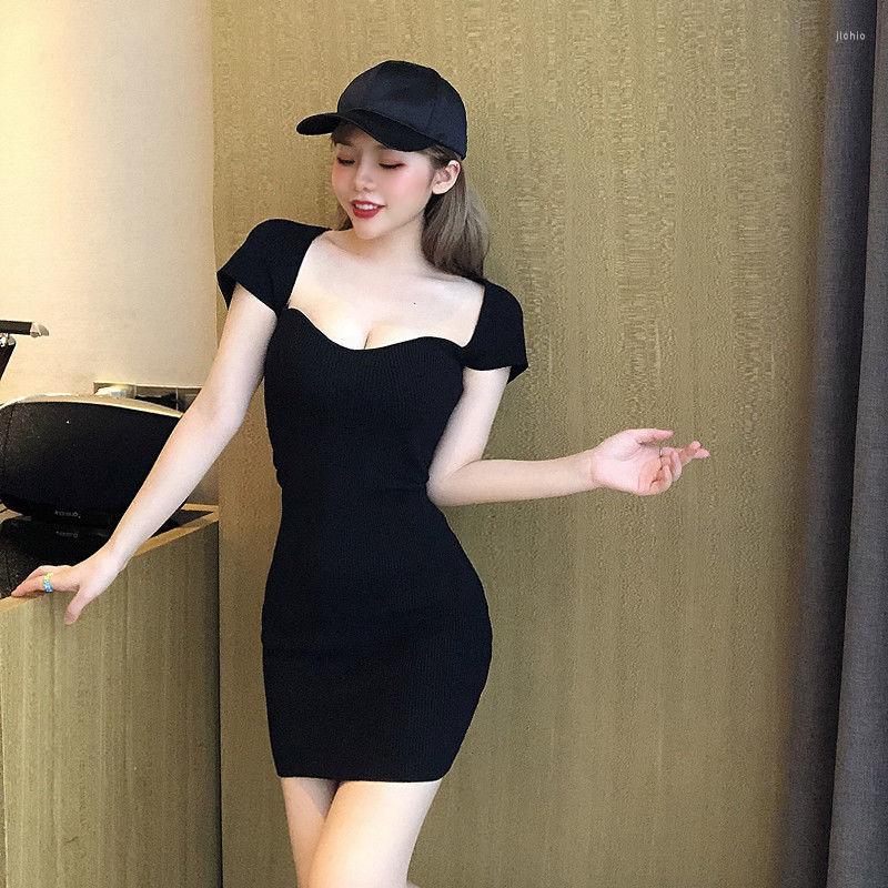 Casual Dresses Knitting Korean Hip Mini Summer Temperament Elegance Short Sleeve Skinny A-line Square Neck Women Dress