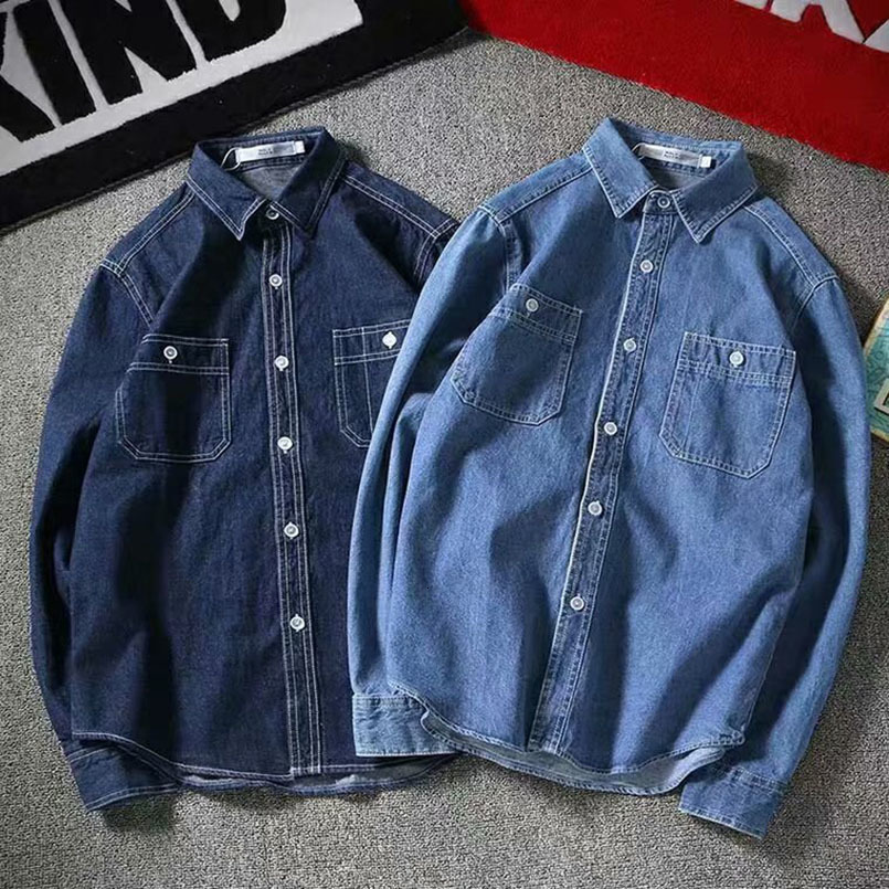 Men's Casual Shirts Vintage Denim Casual Shirt Men Long Sleeve Jean Jacket Japanese Streetwear Baggy Outerwear Fashion Mens Clothes 230322