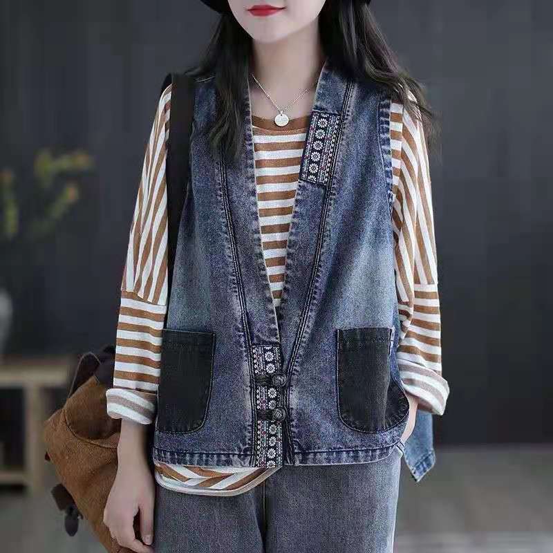 Women's Vests Women's Korean Coat Retro Denim Vest Short Plus Size Loose Fashion Chinese Style Embroidered Spring and Summer Thin Cardigan 2