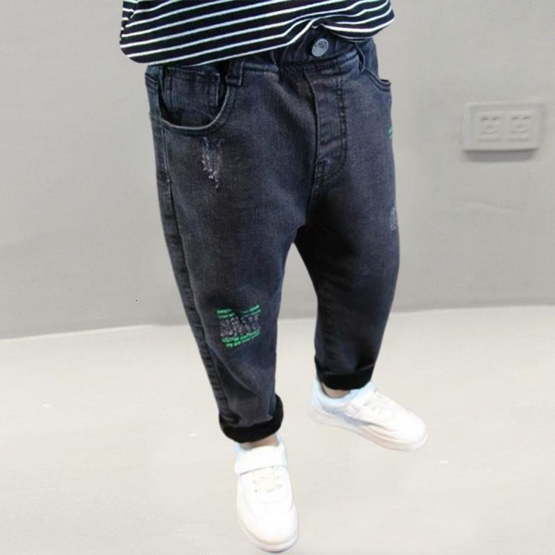 Jeans Toddler Boys Jeans Winter Fall Clothes Fleece Lined Pants Slim Cotton Denim Trousers Fashion Casual Navy Black Kids Harem Pants 230322