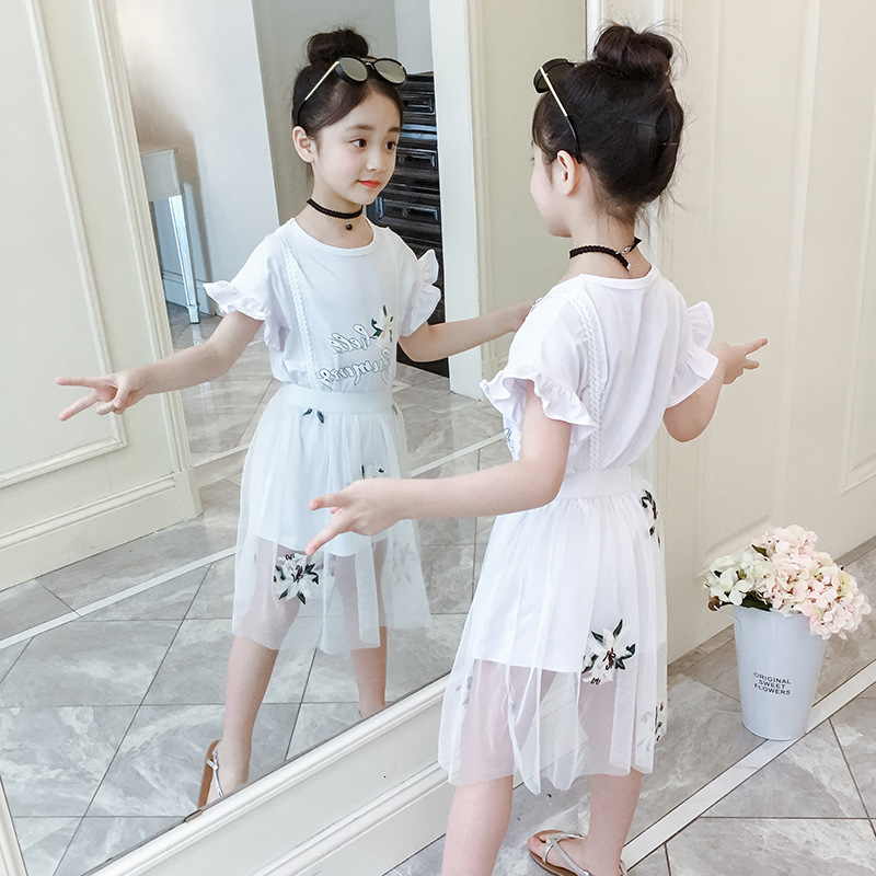 Clothing Sets girls clothes summer short sleeve tshirt letter printfloral embroidery mesh skrit children clothing set kid girl outfits 230322