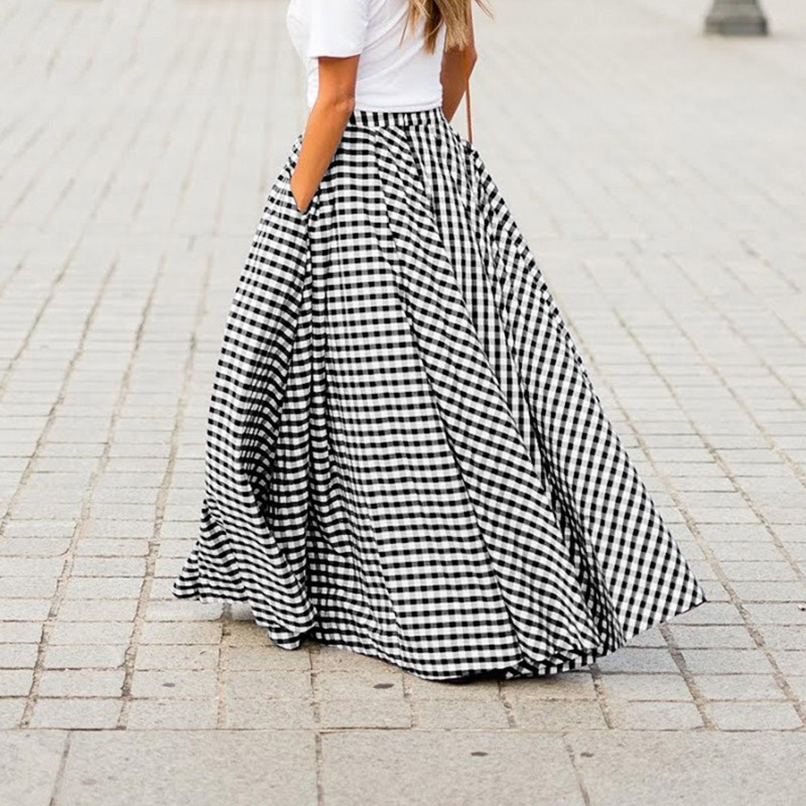 Skirts Plaid Long Skirts Women Bohemian Skirts Sexy High Waist Maxi Long Dress Casual Elastic Ladies A-line Skirts Women's Skirts Robe 230322