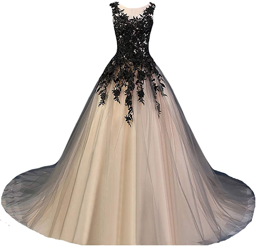 Gothic Black And Ivory Wedding Dress A-Line Long Tulle Bridal Gowns Lace Applique Sleeveless Crew Neck Vintage Bride Reception Wear