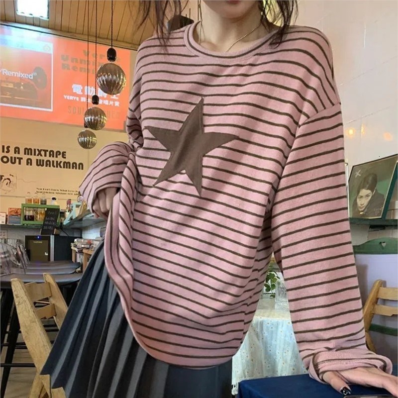 Women s T Shirt 2023 Autumn Striped Patchwork Embroidered Star Pattern Vintage Long Sleeve Women Crop Top Korean INS Harajuku Y2K Loose T shirt 230321
