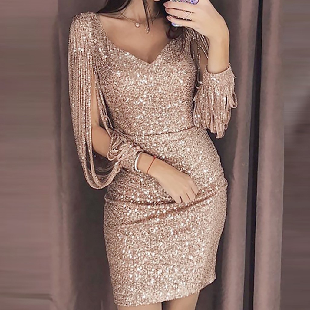 Party Dresses Sexy Women Dress Sequins Glitter Sparkle Deep V Neck Gold Tassel Long Sleeves Short Mini Evening Party Wrap Hip Dress Vestidos 230322