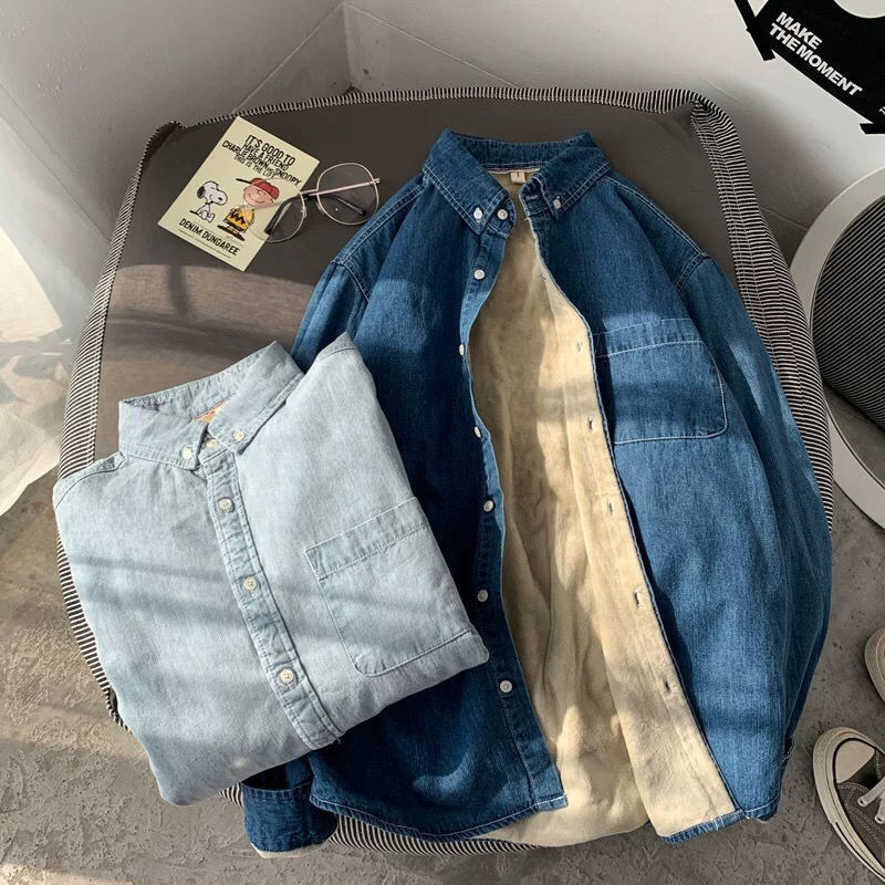 Men's Casual Shirts Cashmere Thickened Denim Shirt Men's Long Sleeve Autumn and Winter Korean Fashion Inch Shirt Men's Shirt Coat 23032