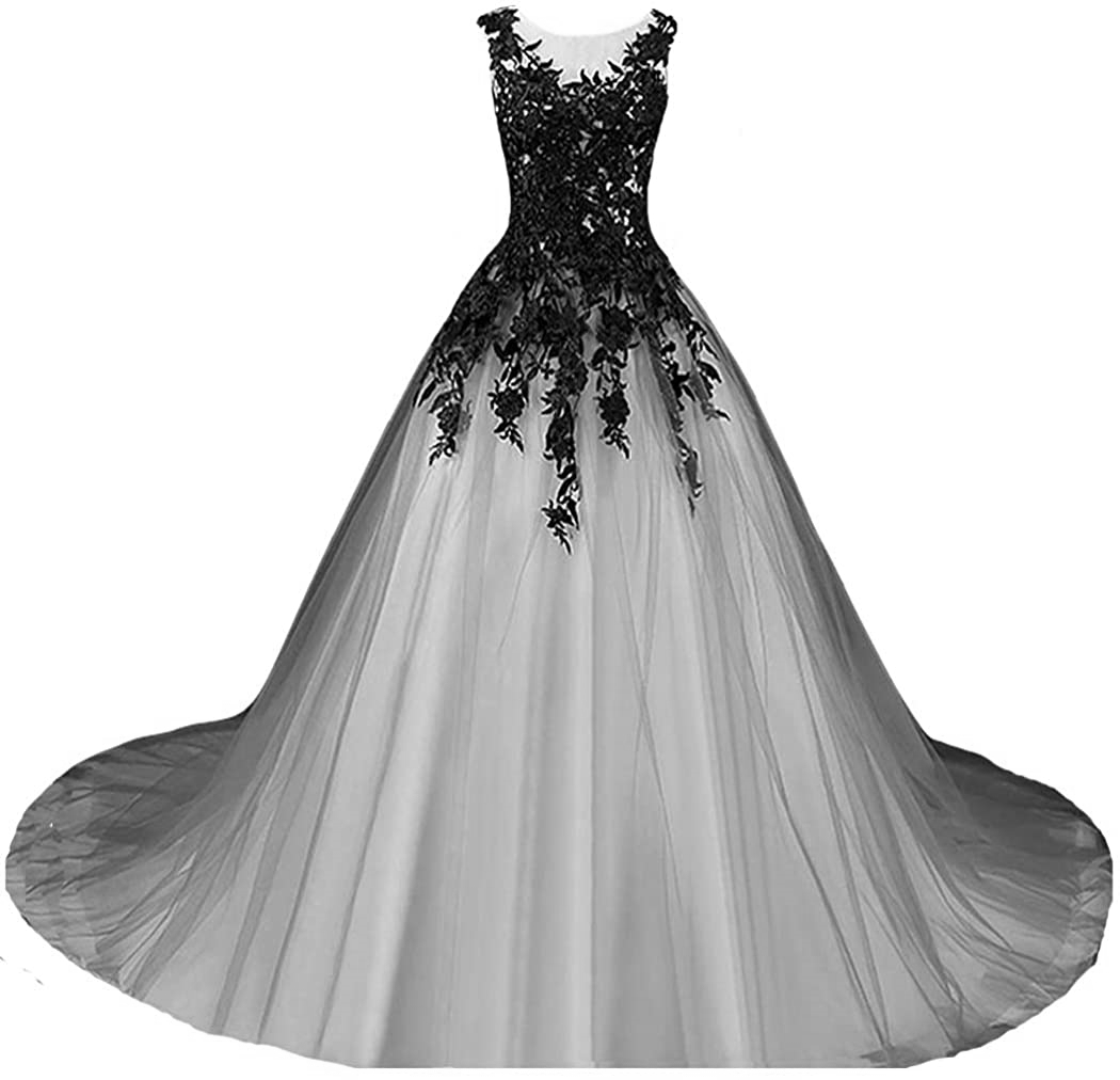 Gothic Black And Ivory Wedding Dress A-Line Long Tulle Bridal Gowns Lace Applique Sleeveless Crew Neck Vintage Bride Reception Wear
