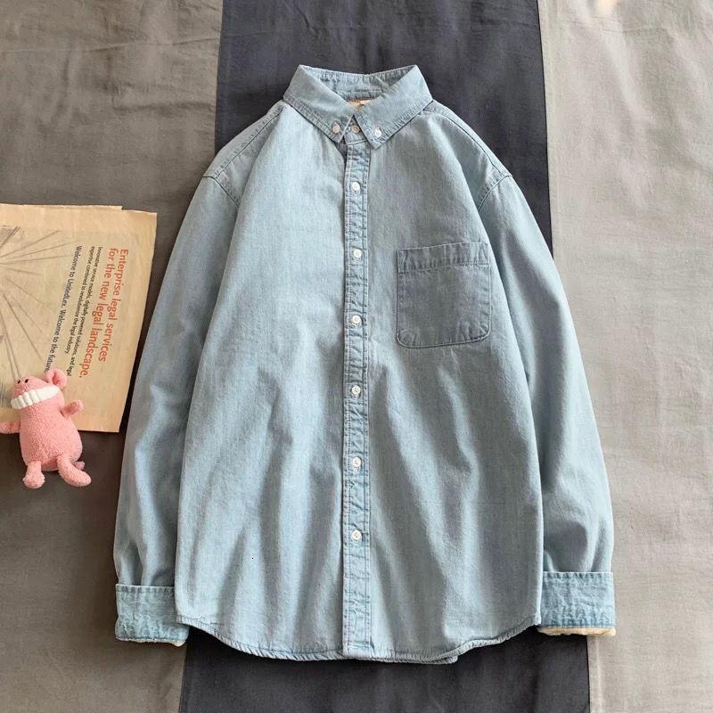 Men's Casual Shirts Cashmere Thickened Denim Shirt Men's Long Sleeve Autumn and Winter Korean Fashion Inch Shirt Men's Shirt Coat 23032