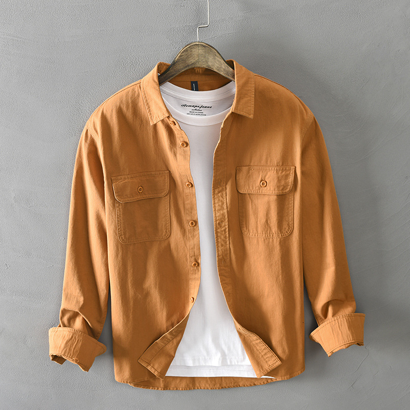 Men's Casual Shirts Z102 Men Simple Long Sleeves Shirts Spring Summer Cotton Pockets Single-Breasted Solid Color Turndown Collar Casual Male Coat