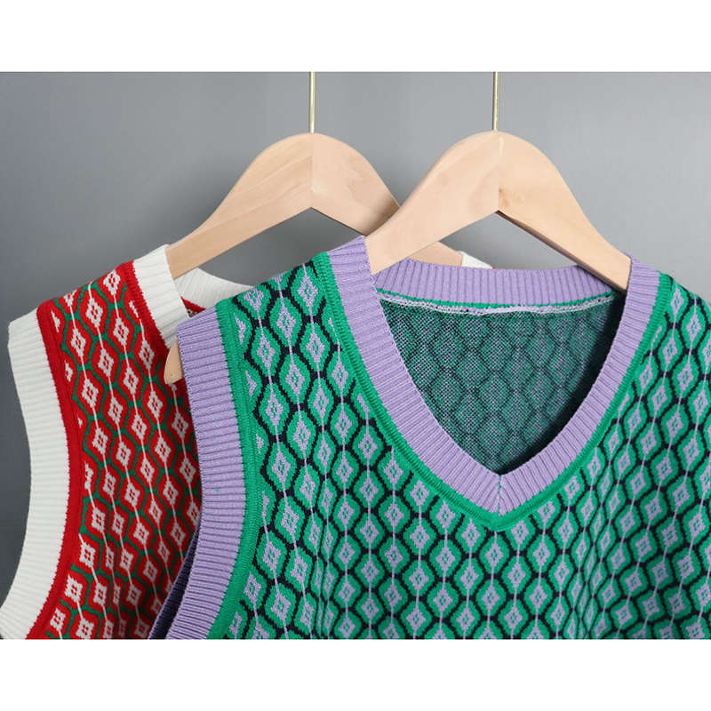 Women's Vests Fashion Retro Argyle Women's Sweater Tank Top Fall Winter Pull Up Hit Color Knitted Tank Top Sleeveless Jacket Gilet Women