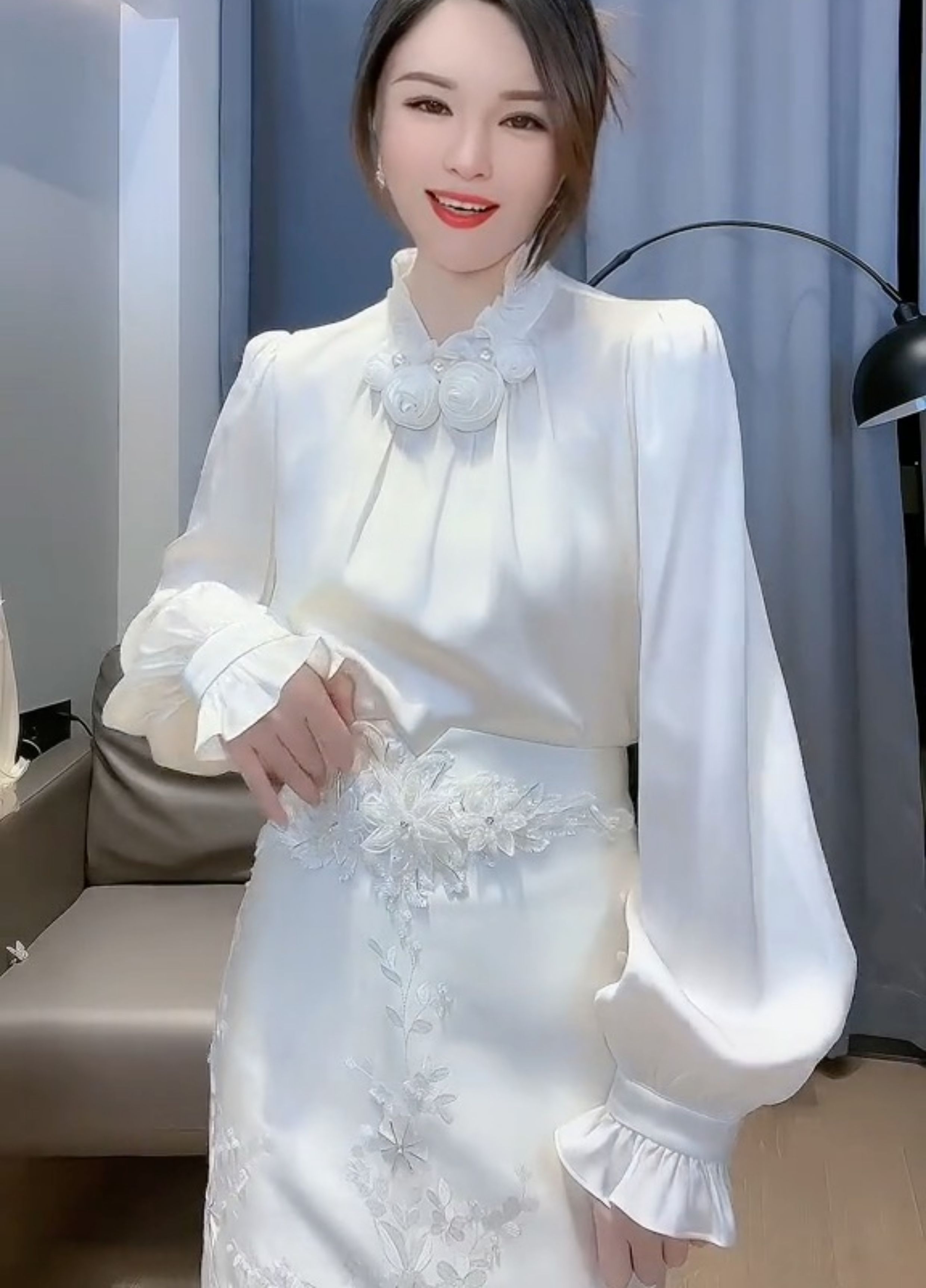 Womens blouse stand collar 3D rose flower patched lantern long sleeve satin shirt SMLXLXXL3XL