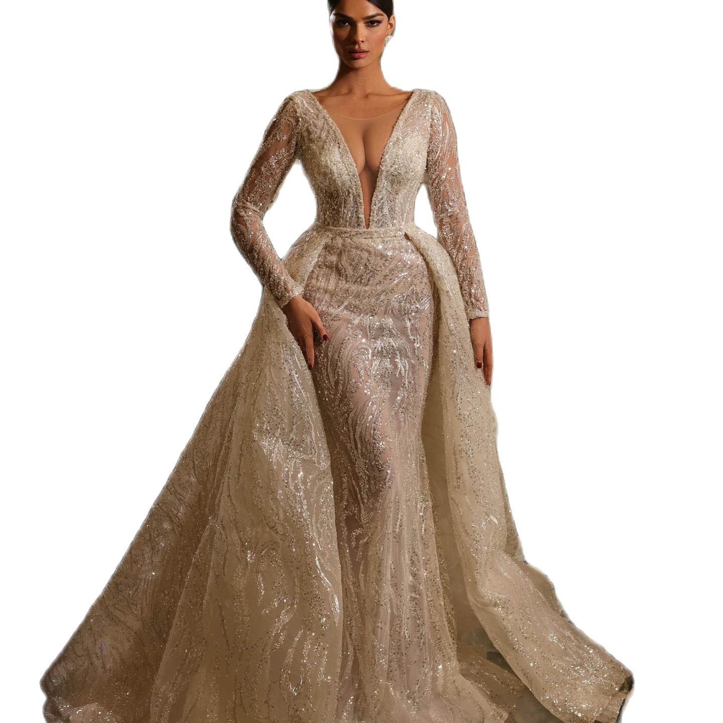 Elegant Illusion Mermaid Wedding Dress With Detachable Train Sparkly Sequins Sheer Neck Long Sleeve Bridal Gowns Bride Dresses