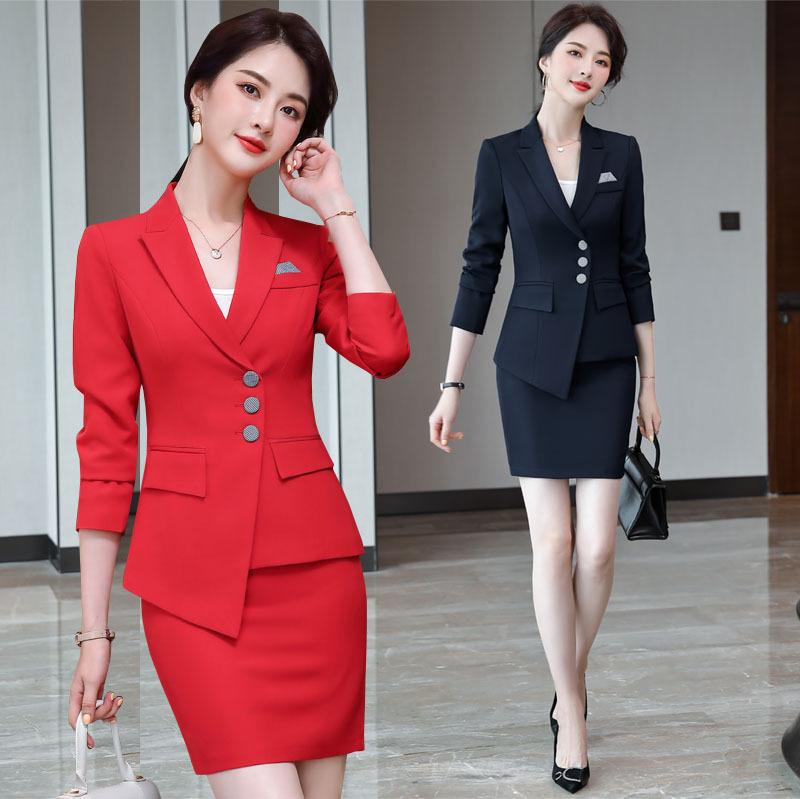 Two Piece Dress Three Button Long Sleeve Solid Color Womens Suits Work Uniforms El Manager Outfit Counter Clerk Formal Wear SetTwo