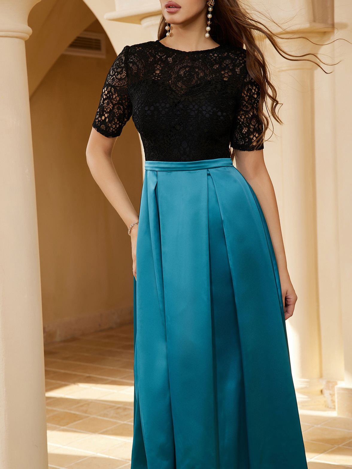 Party Dresses Blue Lace Stitching Cocktail Dresses for Women Sexy Hollow Out Evening Party Prom Gown Elegant Modest Tea Length A Line 230322
