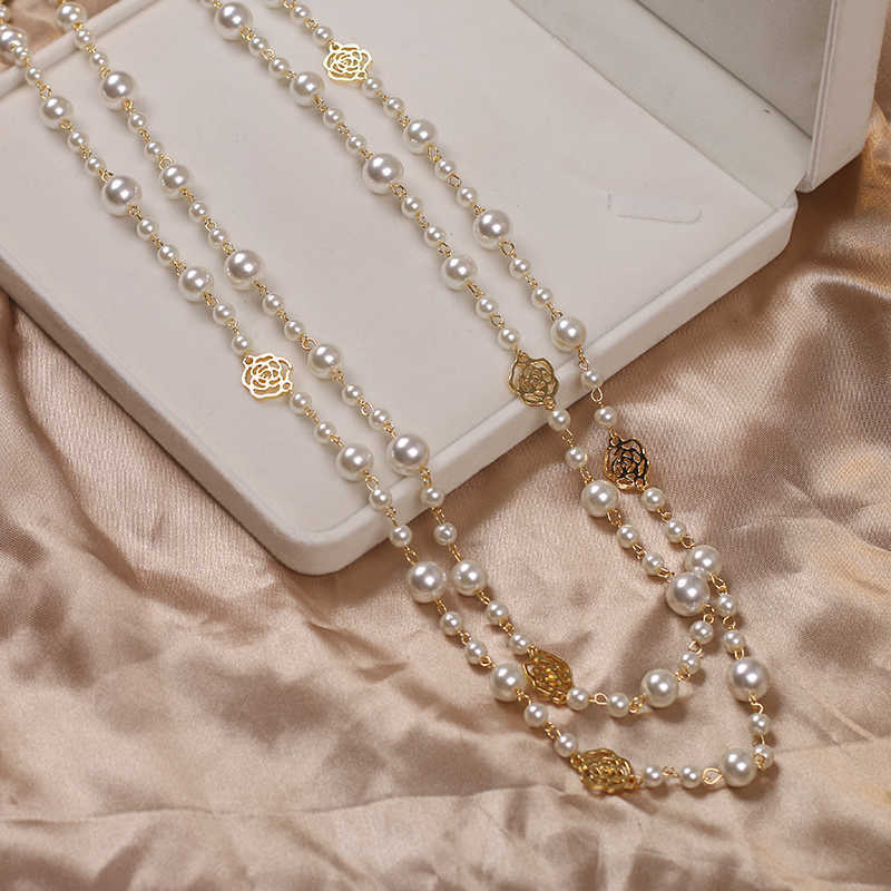 Designer Long Camellia Pearl Double Layer Rose Flower Sweater Chain Necklace for Women Maxi Pendant Collane Fashion Jewelry Gift High Quality Textured