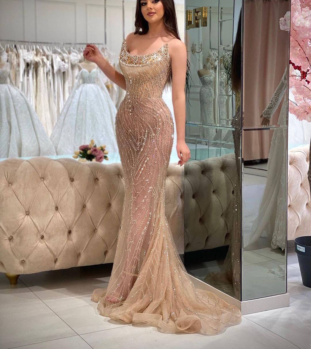 Prom Mermaid Dresses Sleeveless V Neck Appliques Dias Sparkly Sequins Or Length Beaded Lace Hollow Evening Dress Bridal Gowns Plus Size Custom Made Lz