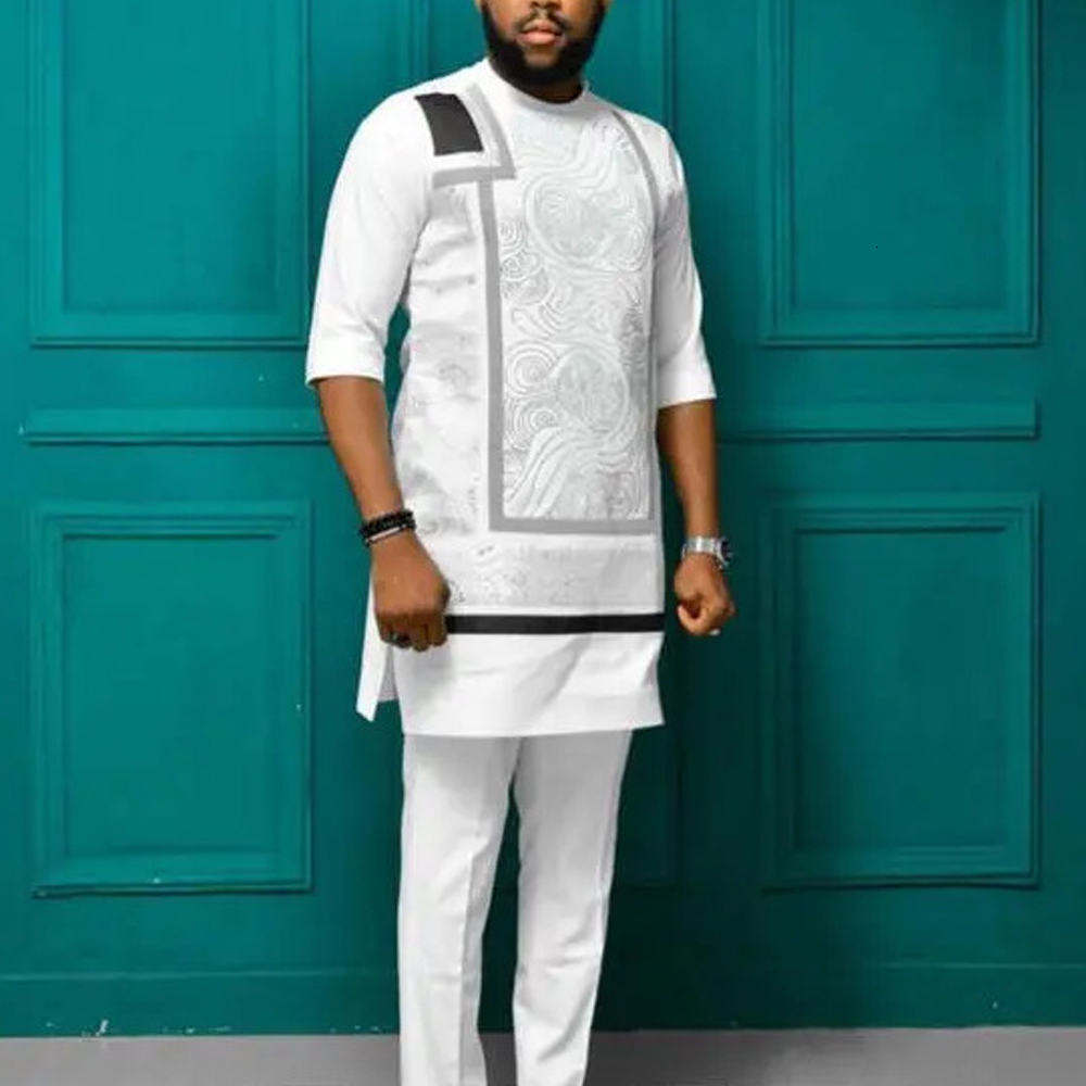 Mens Tracksuits Men Dashiki Long Sleeve Shirt White Trouser Set Mens 2 Pieces Outfit Suit Traditional Male Clothes Tshirt Pant Suits For Men 230323