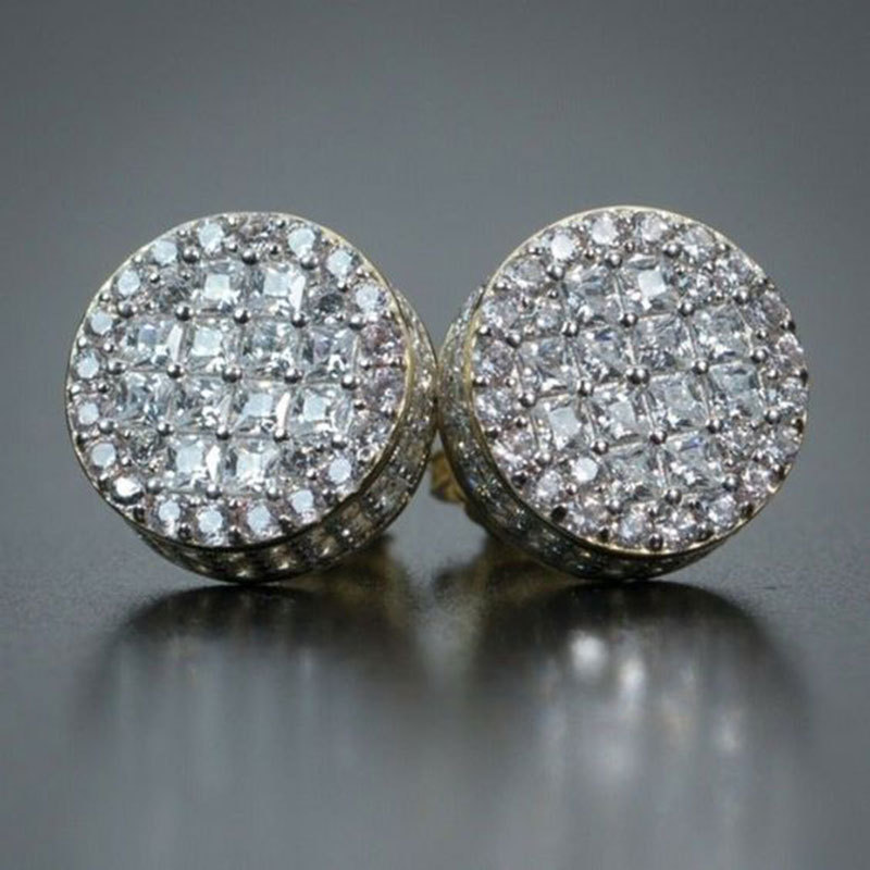 Bling Diamond Earrings Yellow White Gold Plated Shiny Round CZ Studs Earrings Nice Gift For Men W