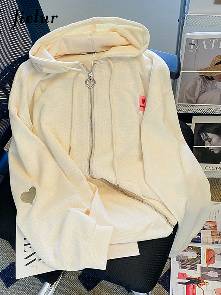 Womens Hoodies Sweatshirts Jielur Embroidered Hooded Korean Sweatshirt Cardigan Autumn Thin Coat Female Zipper Apricot Streetwear MXL 230323