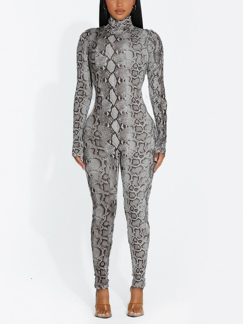 Women's Jumpsuits Rompers Hugcitar Snake Print Turtleneck Long Sleeve Zip Up Sexy Bodycon Jumpsuit Winter Women Streetwear Sport Casual Y2K Rompe