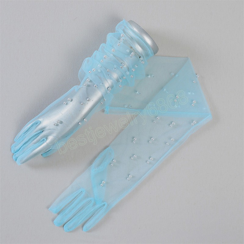 Long Lace Pearl Chiffon Gloves Tulle Summer Mesh Anti-uv Party Wedding Full Finger Marriage Bride Women Vintage Party Gloves
