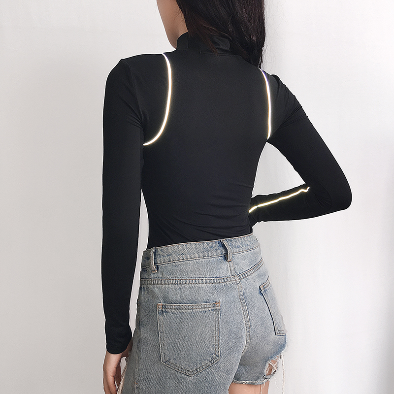 Women's Jumpsuits Rompers Rockmore Bodycon Long Sleeve Reflective Stripe Zipper Bodysuit Women Letter Printed Ladies Bodysuits Streetwear Autumn 