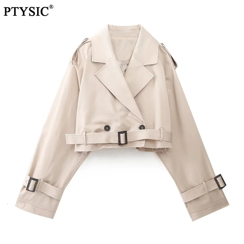 Women's Jackets PTYSIC Women Vintage Oversize Cropped Trench Coat Long Sleeves With Tabs Belt Double Breasted Button Jacket 230323