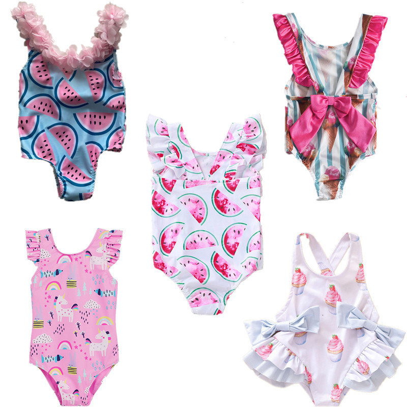 Girl Swimsuits 1 2 3 4 5 Year Baby Printed Swimwear Summer Beach Bathing Bikini Clothes Kids Bow Seaside Swimming Wear 230322