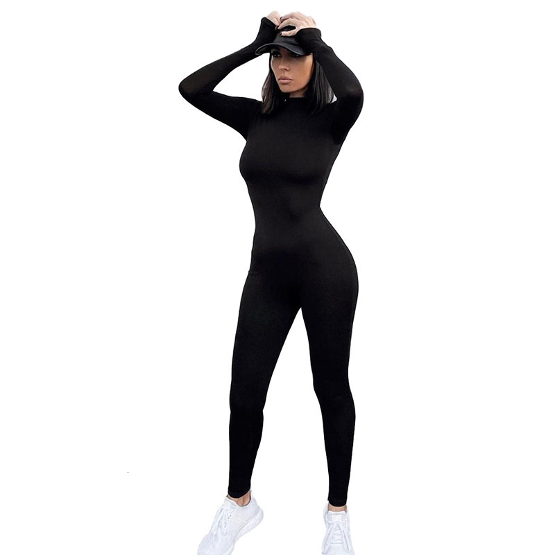 Women's Jumpsuits Rompers Solid Black/Gray Long Sleeve Skiing Jumpsuit Women Elastic Hight Outfit Fashion Fitness Sportwear Slim Rompers Streetwe