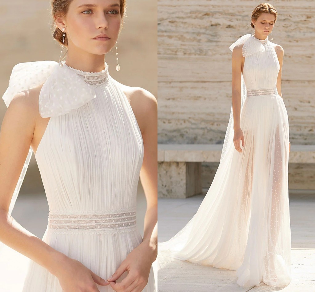 Beach Boho Wedding Dress 2023 A-Line High Neck Sleeveless Dot Tulle Backless Bridal Gowns Women Summer Vestidos De Noiva Robe de Mariage