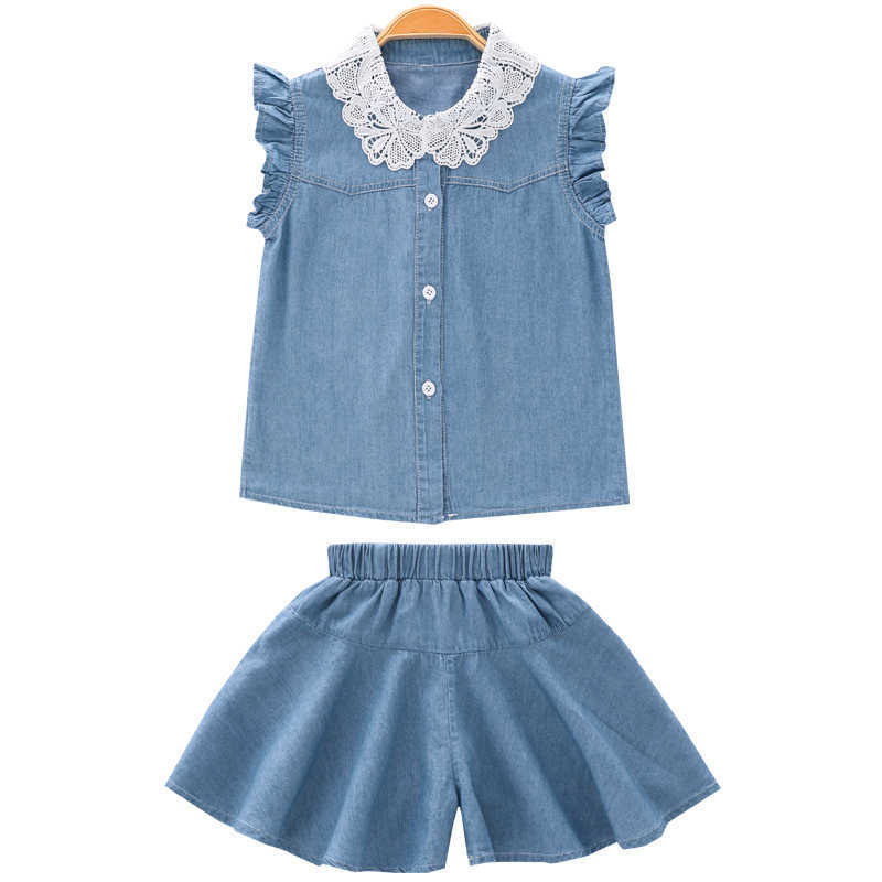 Clothing Sets Girls Clothing Sets Summer Fashion Lapel Sleeveless Tops and Shorts Sets Teen Kids Clothes Suit Children Denim Girls Tracksuit AA230322