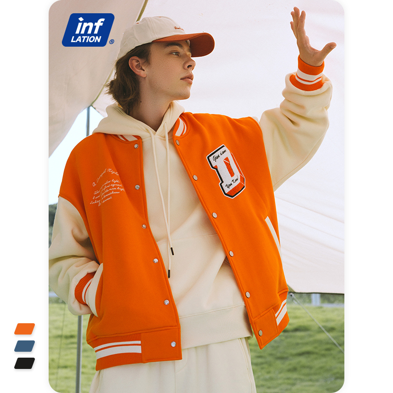 Men's Jackets INFLATION Baseball Jacket Men UK Streetwear Color Block Vintage Baseball Coat Unisex Thick Fleece Bomber Jacket Men 230323