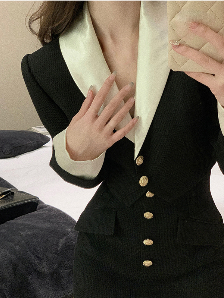 Two Piece Dress Black Y2k Mini Skirt Set Women Casual Korean 2 Piece Dress Set Crop Tops Jacket Tops Short Skirts Elegant Suit Autumn 230323