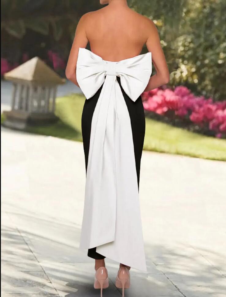 Jumpsuits Women Prom Dresses 2023 Ankle Length Strapless with Bow Evening Party Gowns pant suit Black White Robe De Soiree