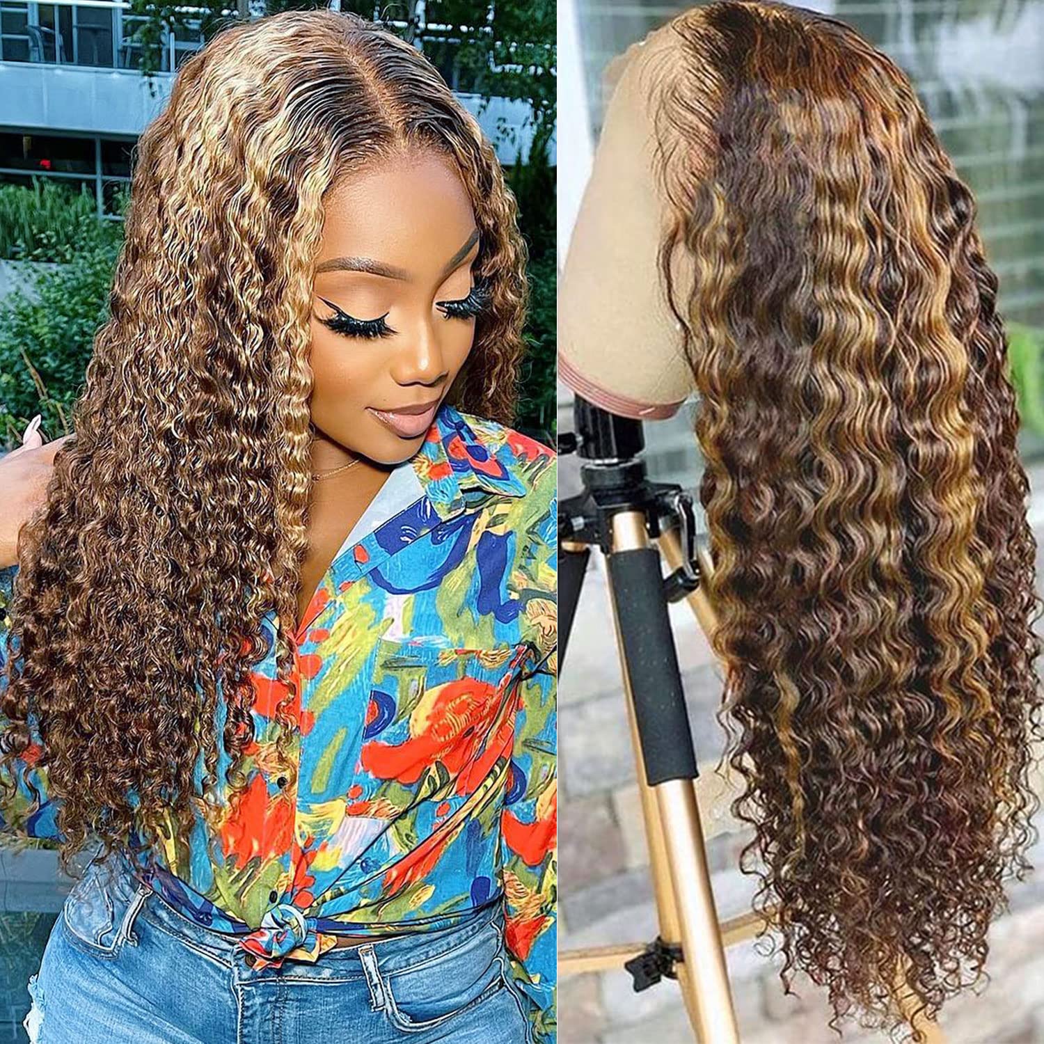 4/27 Highlight Wig Brazilian Water Wave Wig Highlight Lace Front Human Hair Wigs Honey Blonde Ombre Lace Front Wig Remy