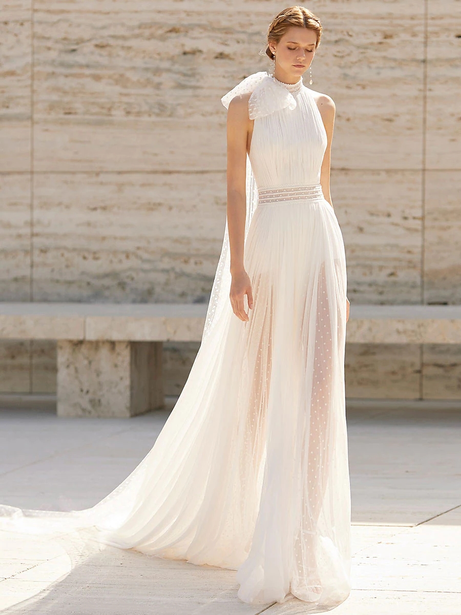 Beach Boho Wedding Dress 2023 A-Line High Neck Sleeveless Dot Tulle Backless Bridal Gowns Women Summer Vestidos De Noiva Robe de Mariage