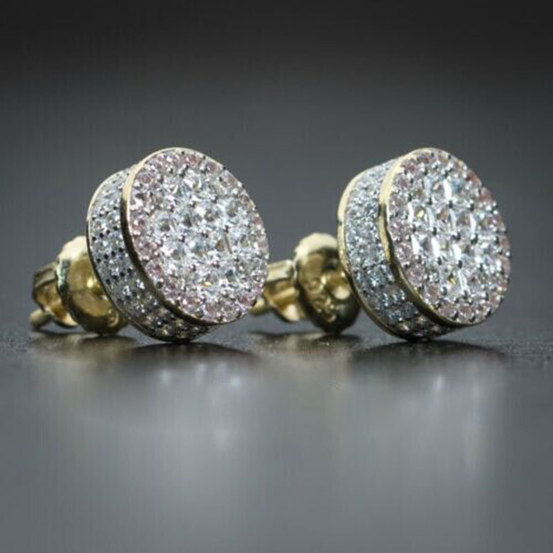 Bling Diamond Earrings Yellow White Gold Plated Shiny Round CZ Studs Earrings Nice Gift For Men W