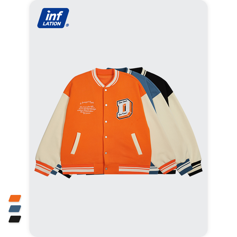 Men's Jackets INFLATION Baseball Jacket Men UK Streetwear Color Block Vintage Baseball Coat Unisex Thick Fleece Bomber Jacket Men 230323