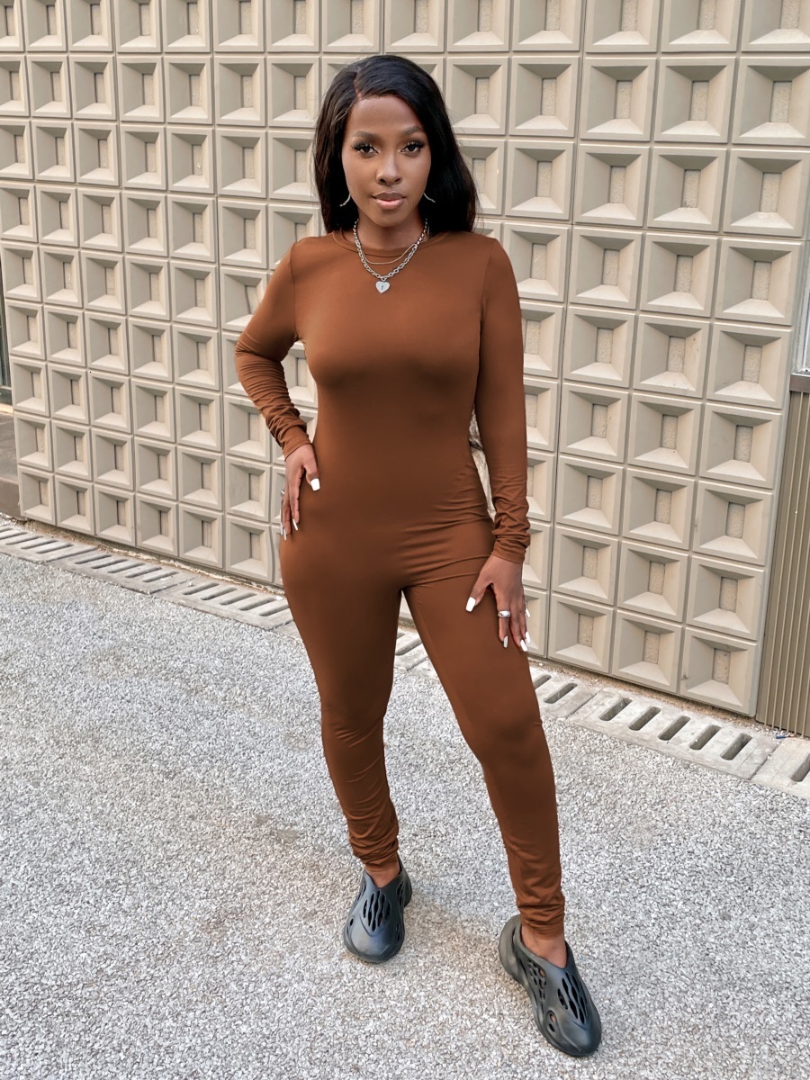 Women's Jumpsuits Rompers LW Jumpsuit Women Round Neck Skinny Basic Solid Sheath Body-shaping Casual Stretchy Simple Bodysuits Long Sleeve Romper