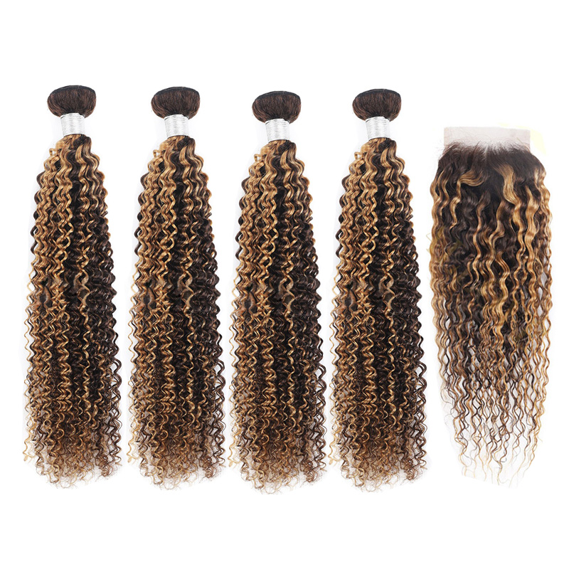 Brazilian Human Hair P4/27 Piano Color Kinky Curly Double Wefts With 4X4 Lace Closure 5 Pcs/lot Yirubeauty