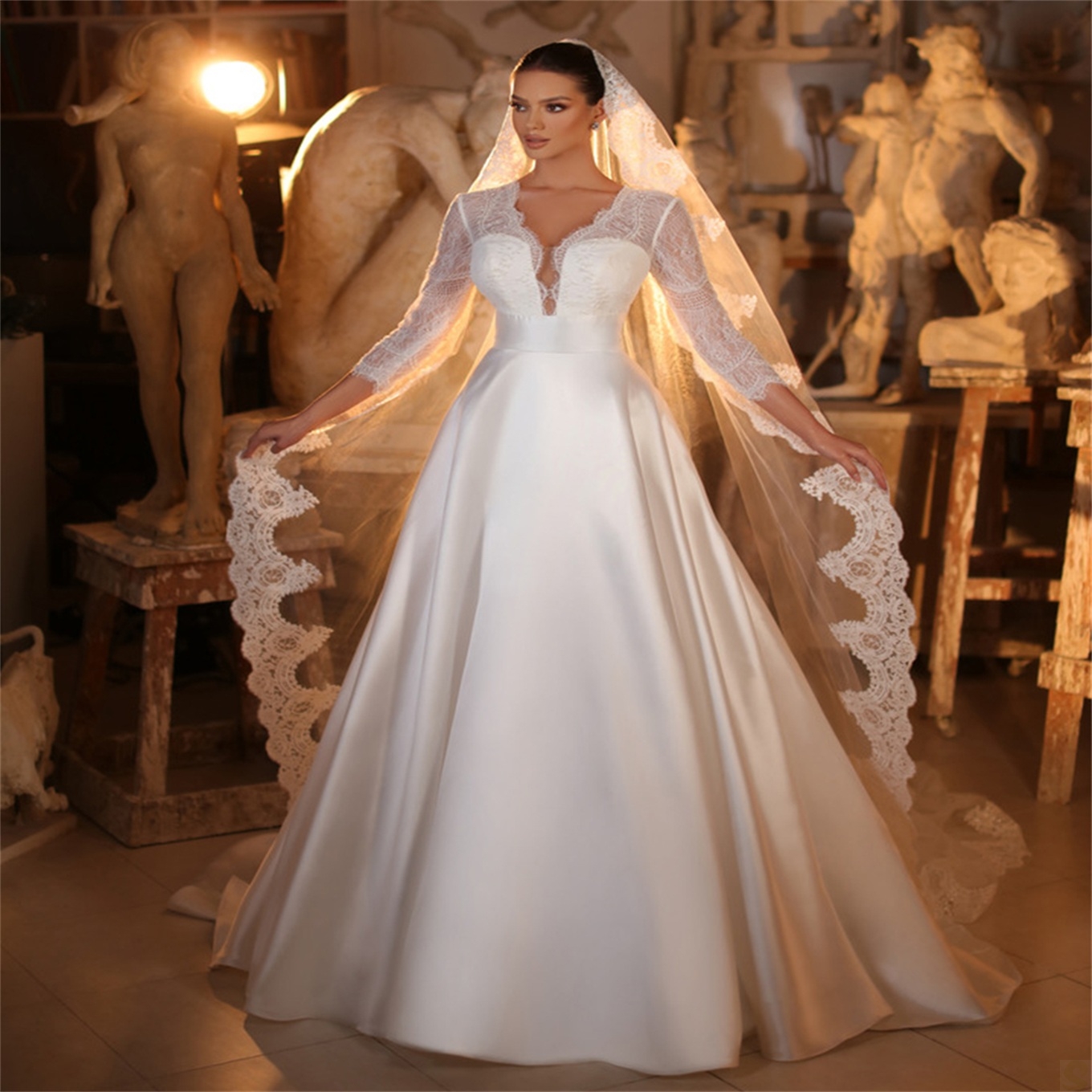 Elegant A-line Wedding Dresses Strapless Lace V-neck Satin 3/4 Long Sleeve Neck Belt Court Gown Custom Zipper Made Plus Size Bridal Dress Vestidos De 