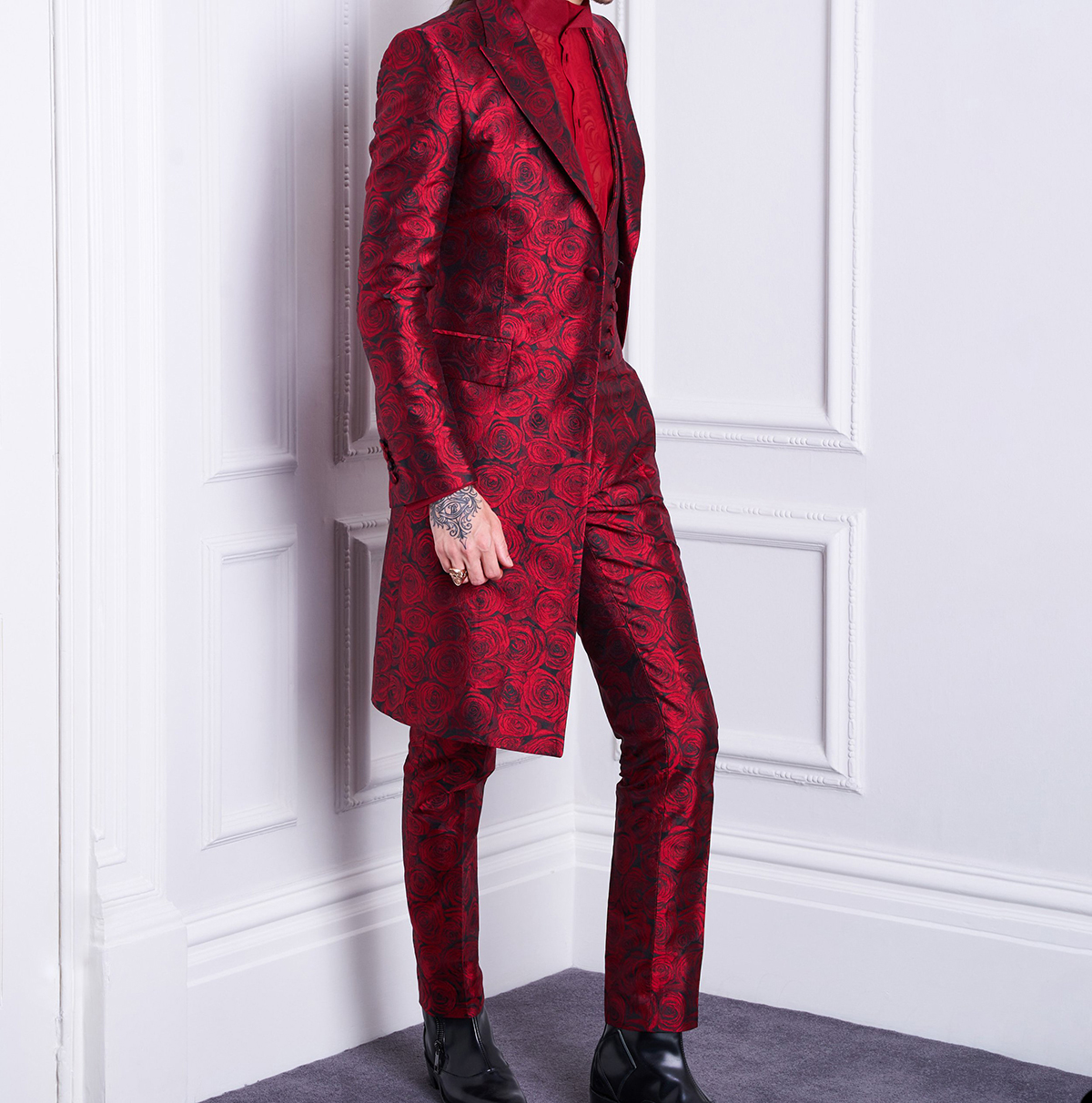 High-end Rose Flower Printing Mens Tuxedo Floral Suits Jackets Pants Wedding Party Slim Fit Men Dress Blazers Set Plus Size