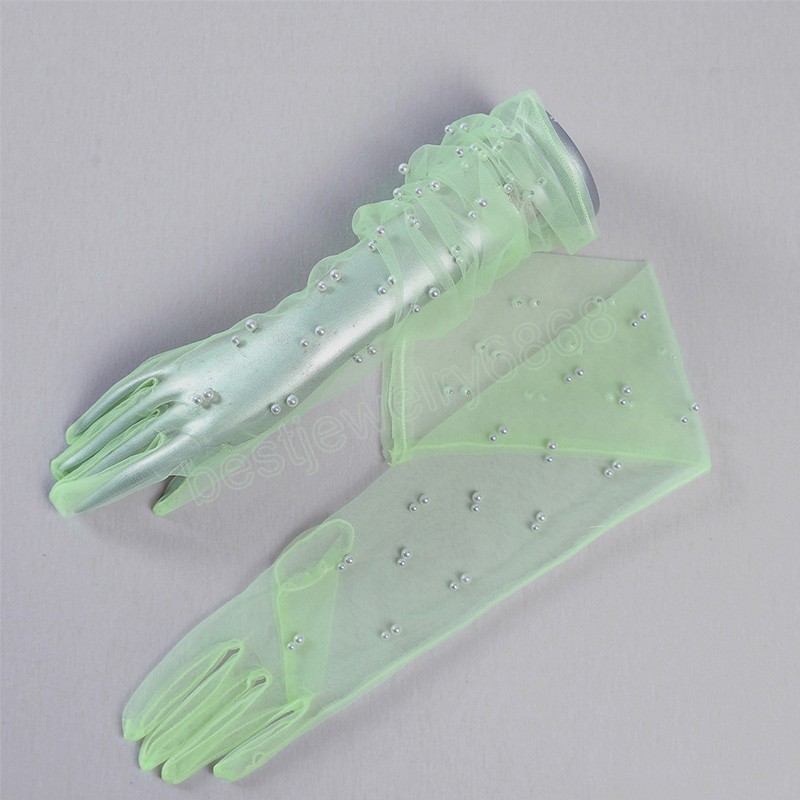 Long Lace Pearl Chiffon Gloves Tulle Summer Mesh Anti-uv Party Wedding Full Finger Marriage Bride Women Vintage Party Gloves