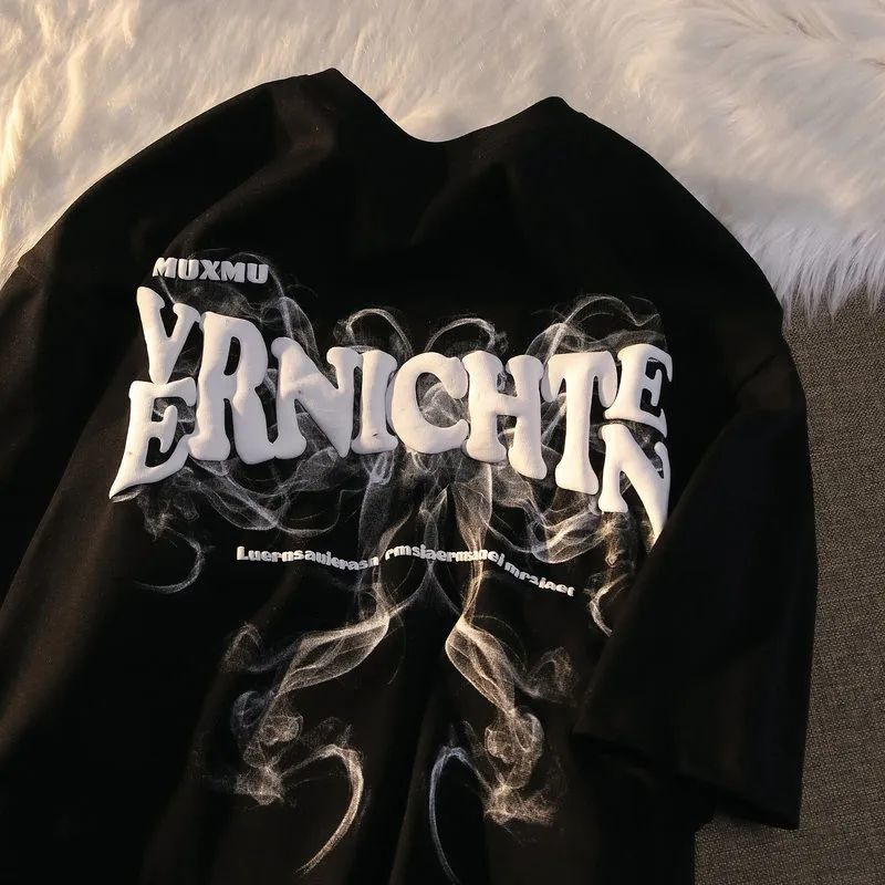 Mens TShirts American retro large size short sleeved tshirt men smoke print loose wild ins trend couple summer tops clothing y2k 230322