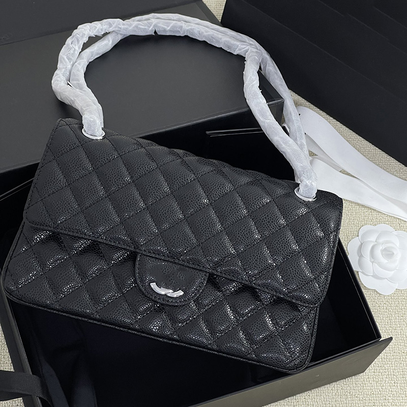 

Ladies Classic Double Flap Quilted Black Bags Caviar Leather Calfskin Designer Purse Silver Metal Hardware Matelasse Chain Multi Pochette Luxury Handbags 25CM, Box