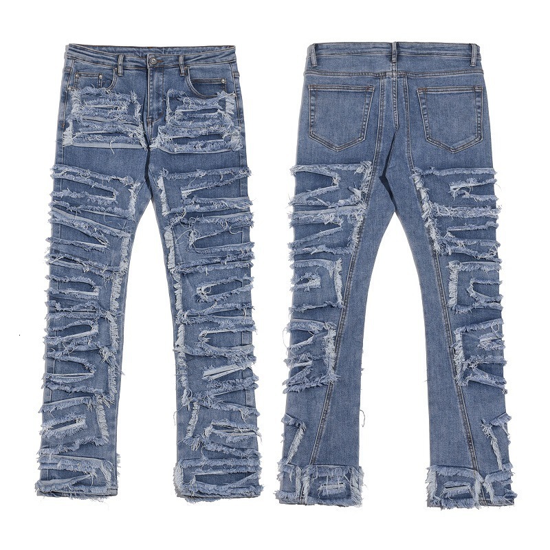 Mens Jeans Iins high street hiphop heavy industry destruction hole patch blue jeans Y2K trendy mens knife cut old trousers 230323